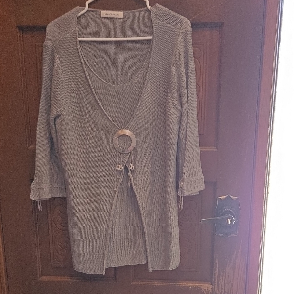 Sale, 3 For $40 Laura Plus Light Gray Open-Knit V-Neck Sweater with Ring Tie